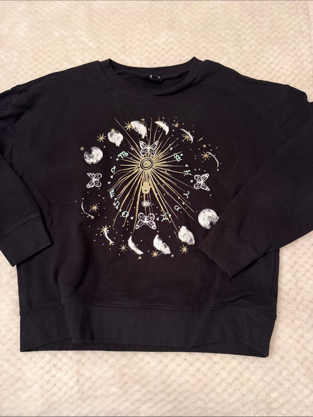 Lucky Brand Black Pullover with Gold & White Celestial Motif